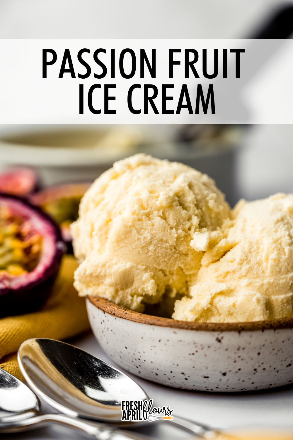 This egg-free, no cook homemade passion fruit ice cream is smooth, creamy, and bursting with fresh passion fruit flavor and made in an ice cream maker. via @frshaprilflours