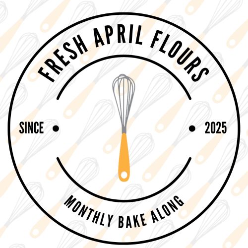 A circle emblem with Fresh April Flours Monthly Bake Along on it with a whisk that has a yellow handle on it in the middle.