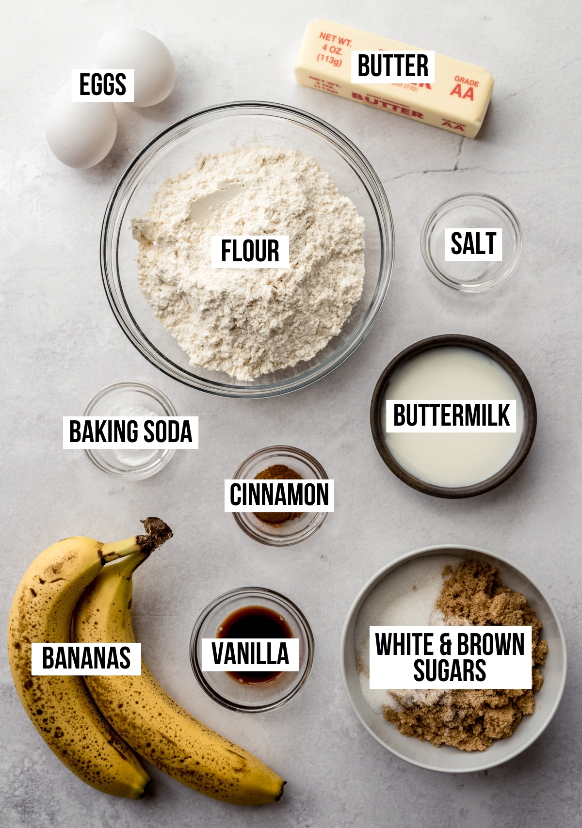 Aerial photo of ingredients to make banana crumb cake with text overlay labeling each ingredient.