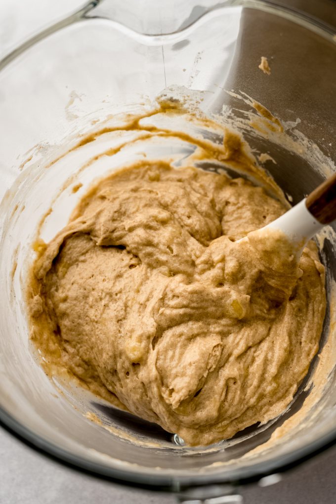 Batter for banana crumb cake in the bowl of a stand mixer.