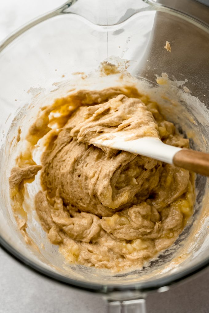 Batter for banana crumb cake in the bowl of a stand mixer.
