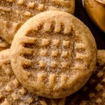 Aerial photo of classic peanut butter cookies on a plate.