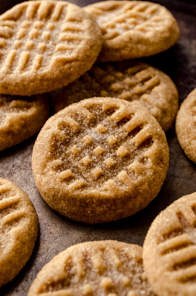 Classic peanut butter cookies on a surface.