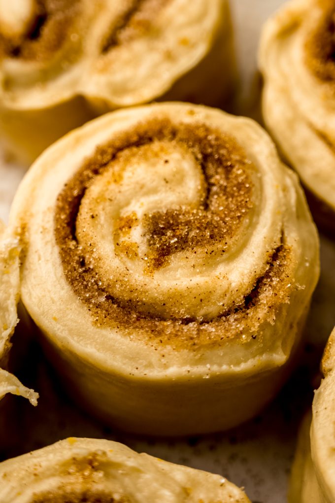 Orange cinnamon rolls in a baking dish after rising and before baking.