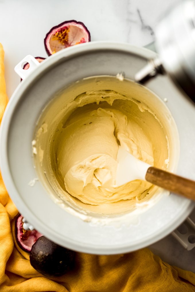 Aerial photo of passion fruit ice cream in an ice cream maker.