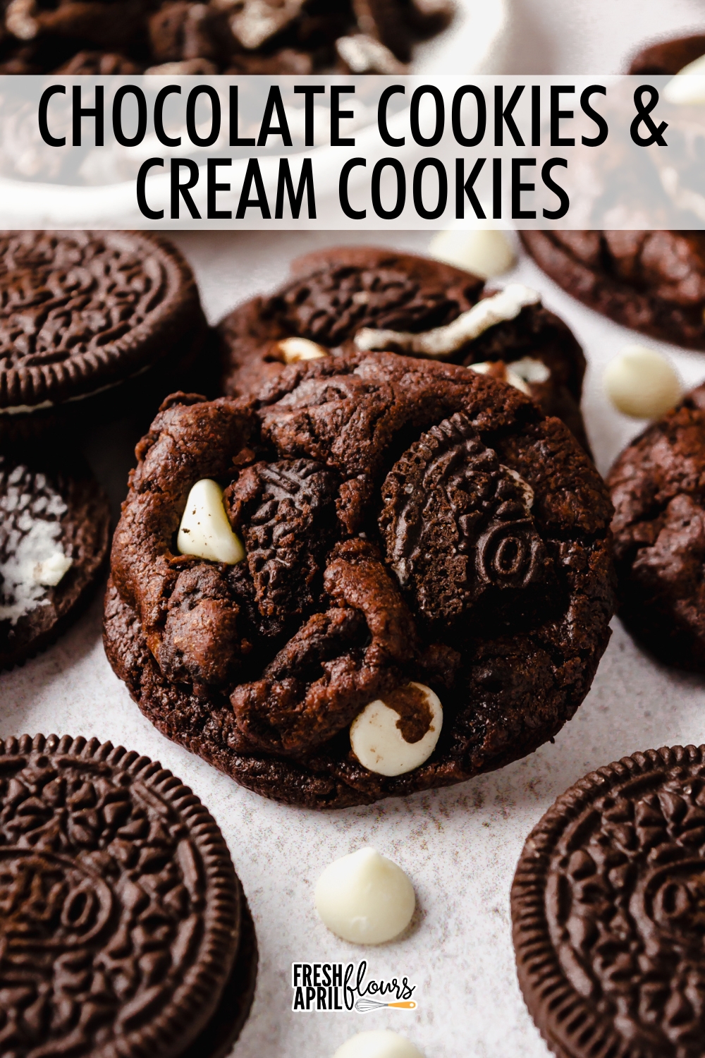 These chocolate cookies and cream cookies are made with a rich dark chocolate cookie base, packed with Oreo chunks, and dotted with creamy white chocolate chips. Oreo lovers, this one is for you! via @frshaprilflours