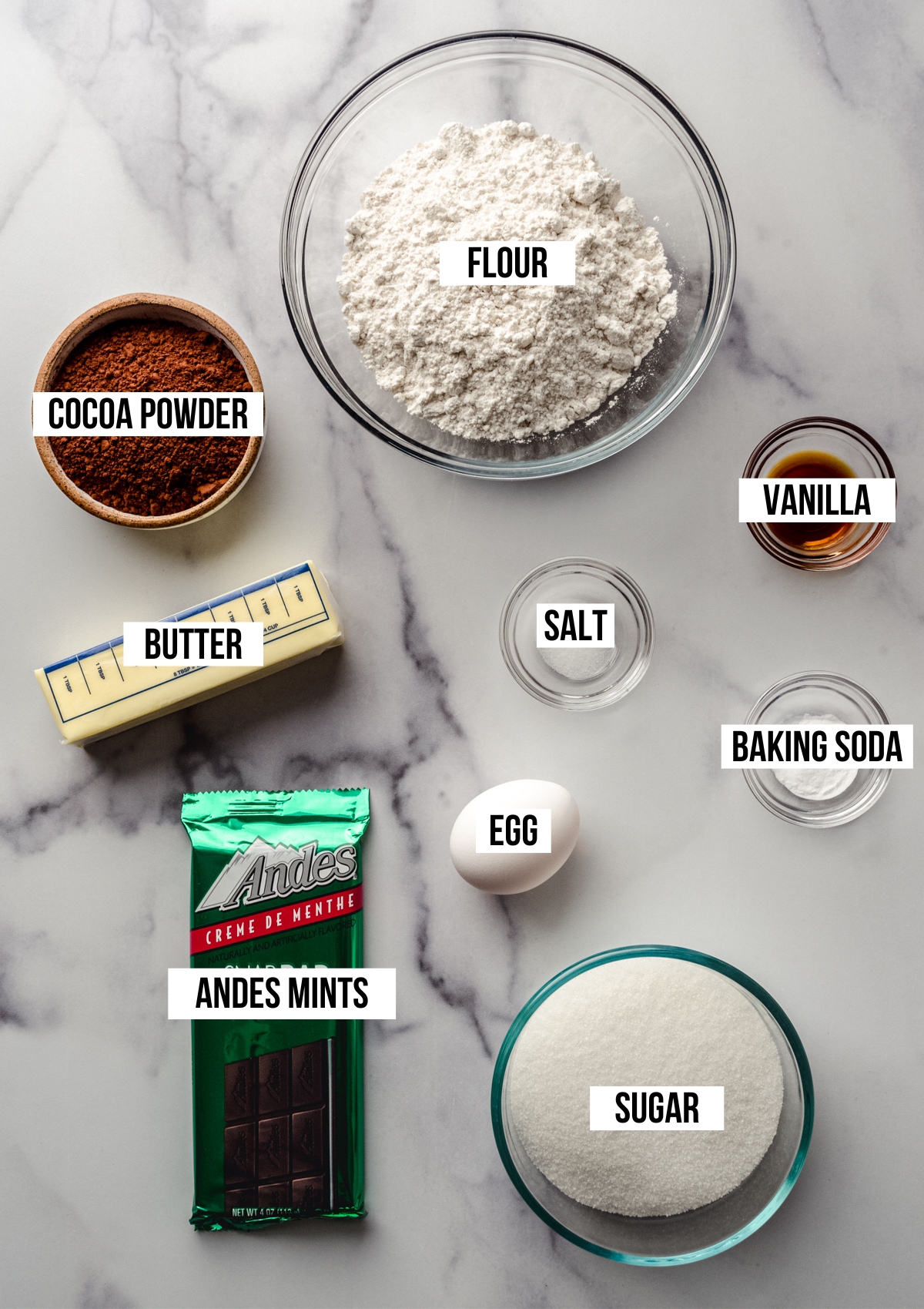 Aerial photo of ingredients to make chocolate mint cookies with text overlay labeling each ingredient.