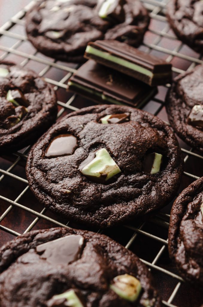 Chocolate mint cookies on a cooling rack.