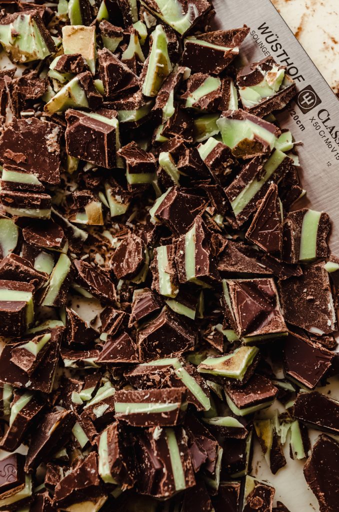 Aerial photo of chopped Andes mints.