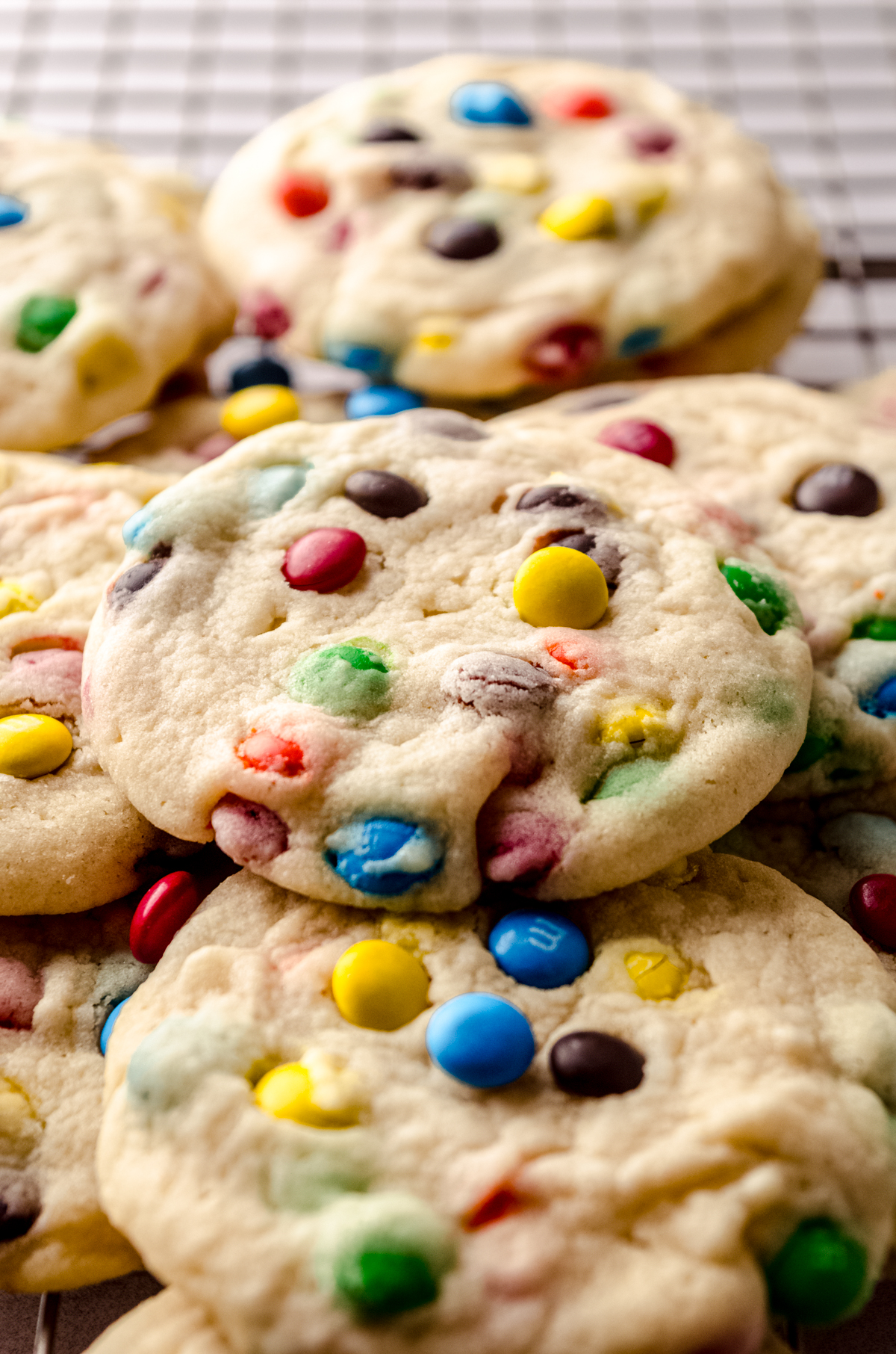 M and m cookies on a cooling rack.