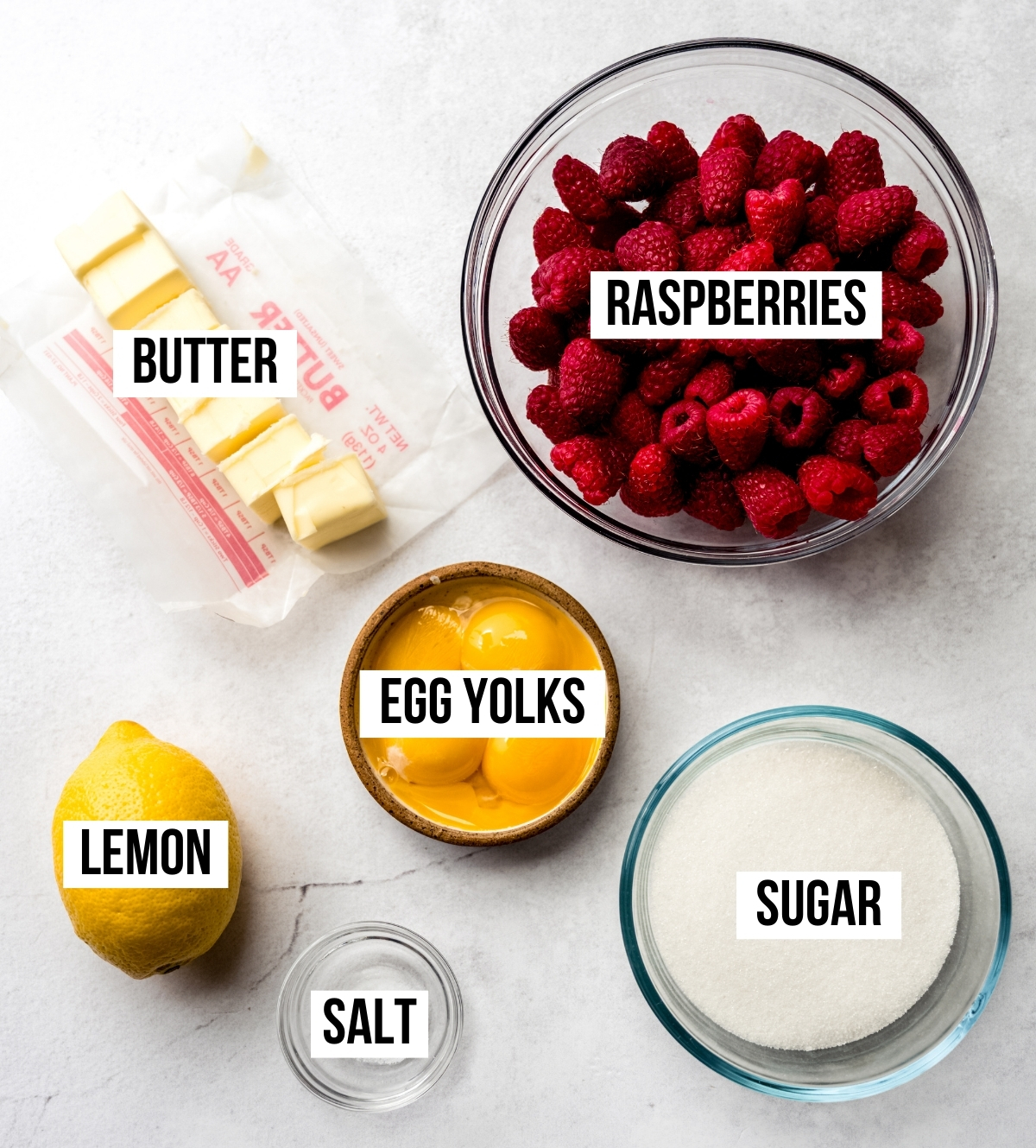 Aerial photo of ingredients to make raspberry curd with text overlay labeling each ingredient.