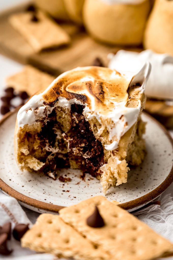 A s'mores cinnamon roll on a plate.