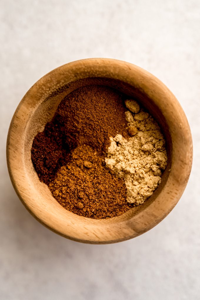 Aerial photo of a small bowl with spices in it.