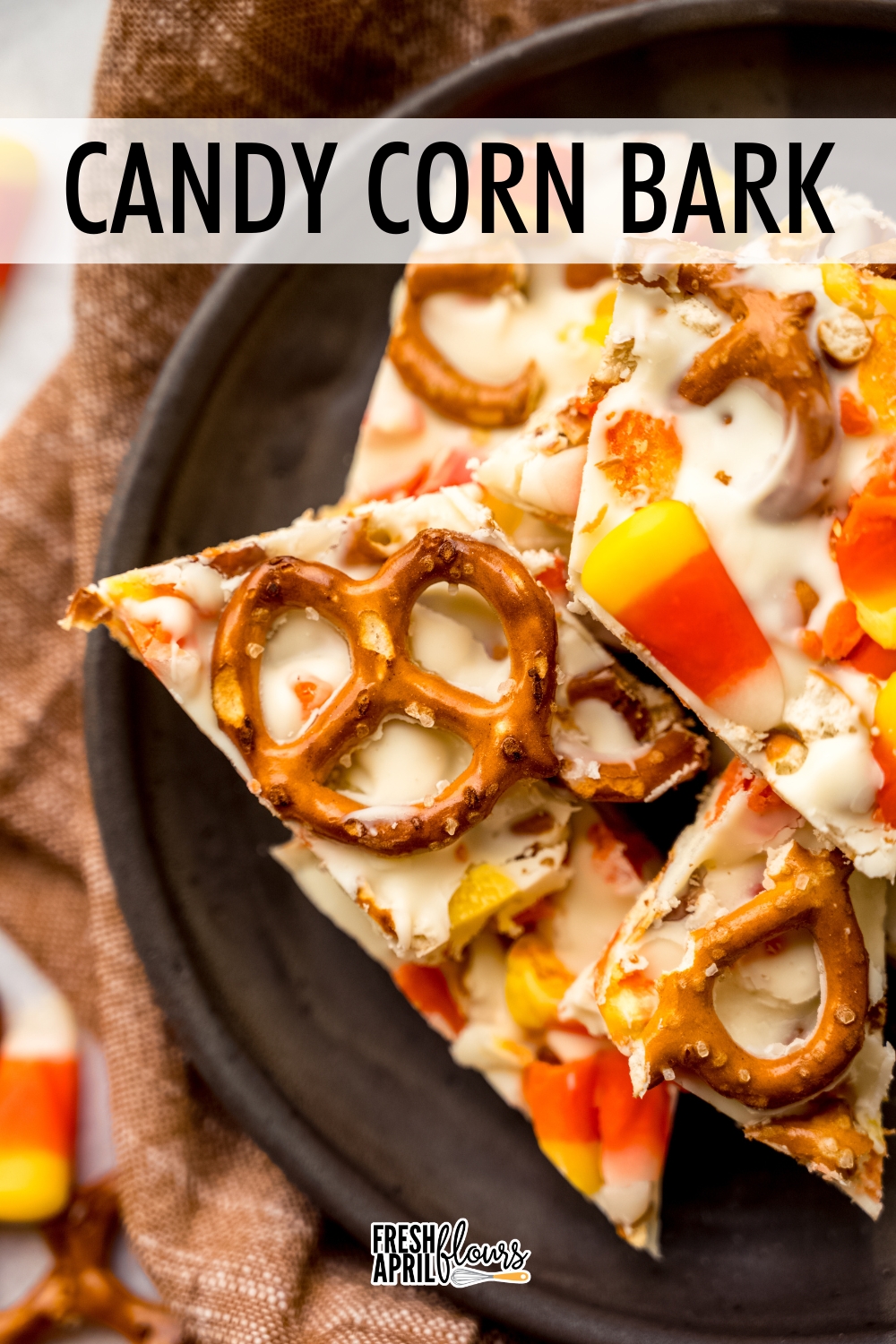 This easy candy corn bark is the ultimate sweet-and-salty Halloween treat. Made with creamy white chocolate, salty and crunchy pretzels, and festive candy corn, it’s a fun way to use up leftover Halloween candy. via @frshaprilflours