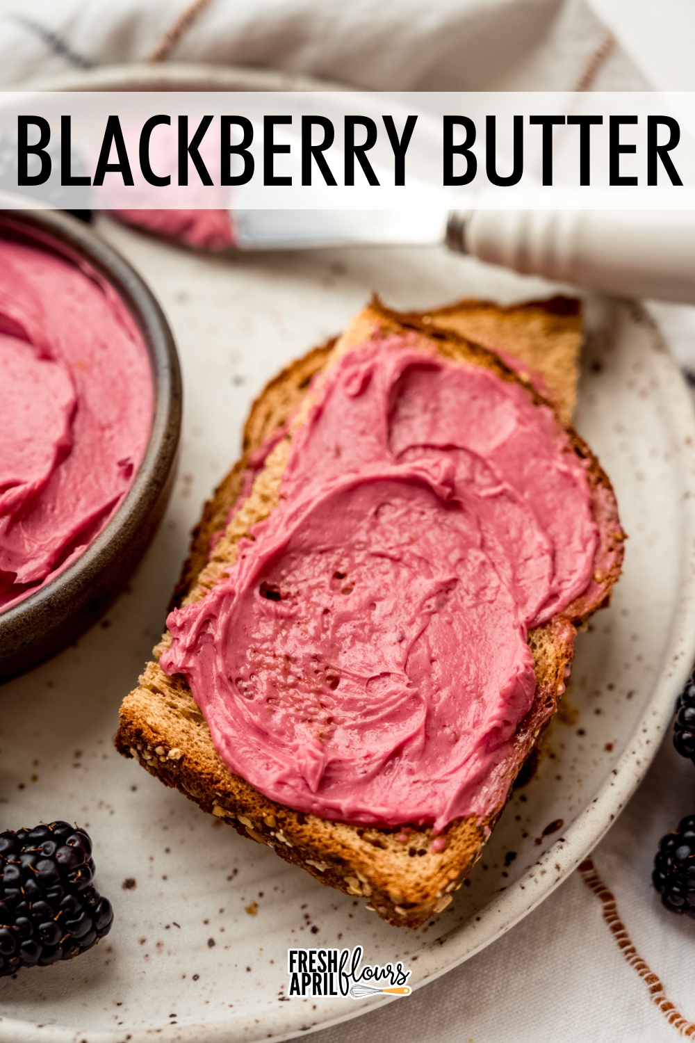This sweet compound butter is flavored with fresh mashed blackberries and a touch of powdered sugar for a fruity and lightly sweet option for toast, rolls, biscuits, crêpes, or cornbread. via @frshaprilflours