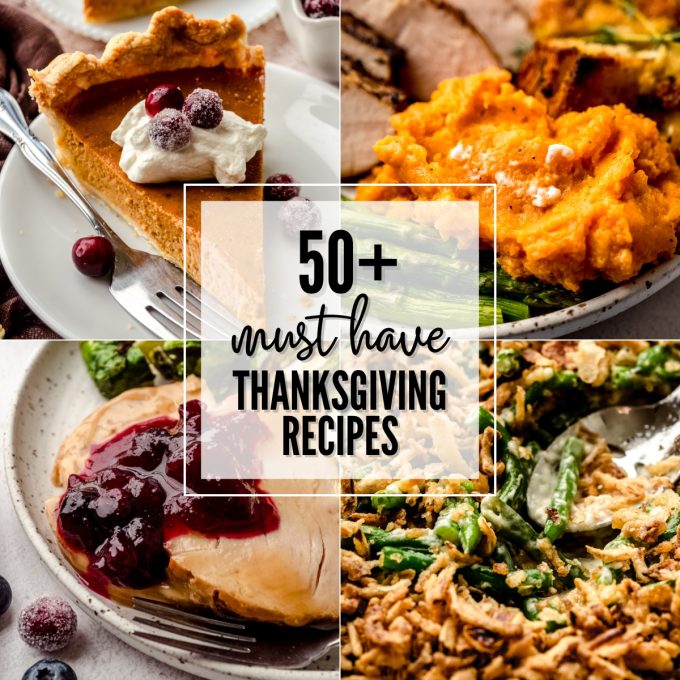 A collage of 4 pictures of Thanksgiving side dishes and the photo has text overlay.