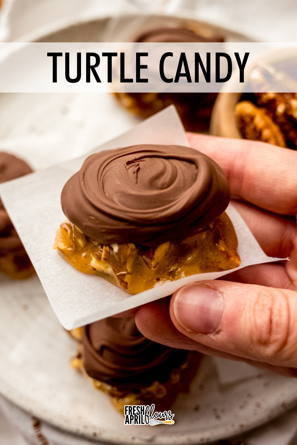 These irresistible clusters of toasted pecans, buttery caramel, and smooth milk chocolate are everything you love about candy shop turtles, made easy at home without a candy thermometer. via @frshaprilflours