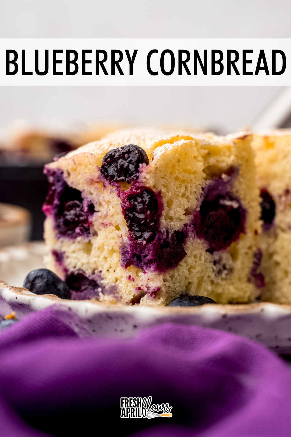 This homemade blueberry cornbread is buttery, tender, and full of juicy blueberries, with a cinnamon-sugar topping that adds just the right amount of complementary sweetness. via @frshaprilflours