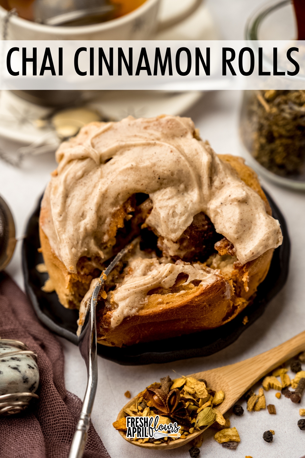 Soft, fluffy cinnamon rolls meet cozy chai spice in this tea-infused twist on a classic. Chai-steeped milk and a blend of warm spices flavor grace every layer all the way from the soft dough and the flavorful filling to the smooth cream cheese frosting slathered on top. via @frshaprilflours