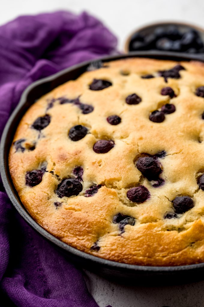 Blueberry cornbread in a skillet.