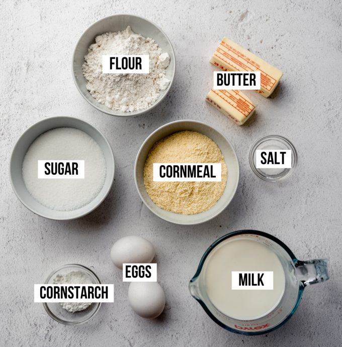 Aerial photo of ingredients to make cornbread with text overlay labeling each ingredient. 