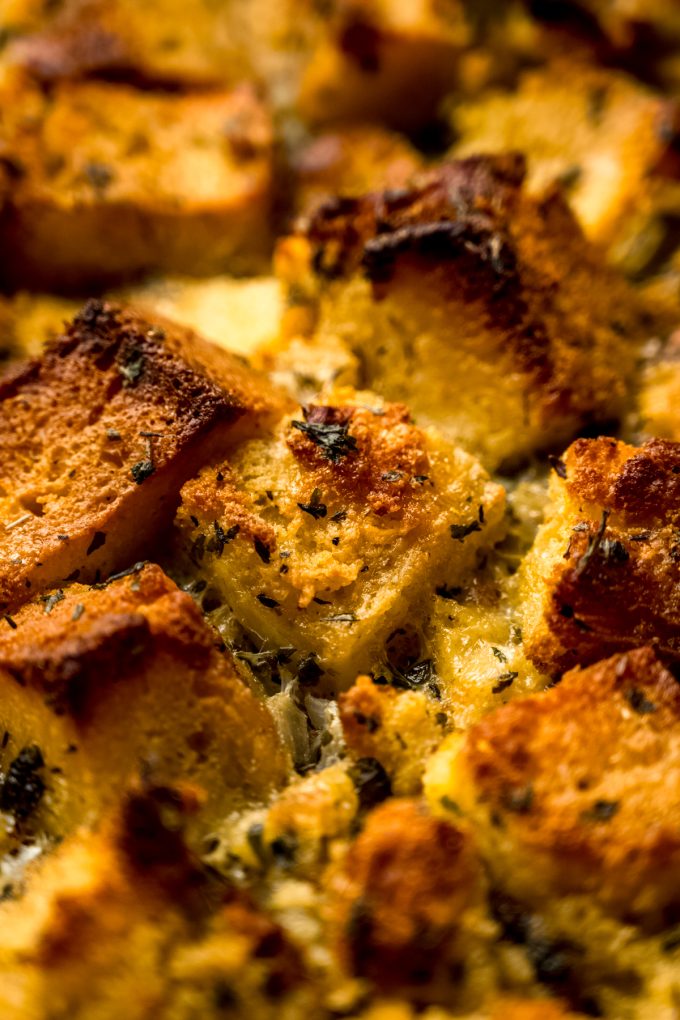 A closeup of cornbread stuffing.
