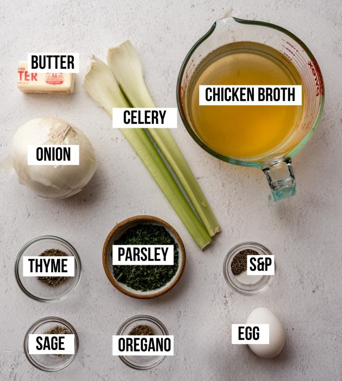 Aerial photo of ingredients to make cornbread stuffing with text overlay labeling each ingredient.