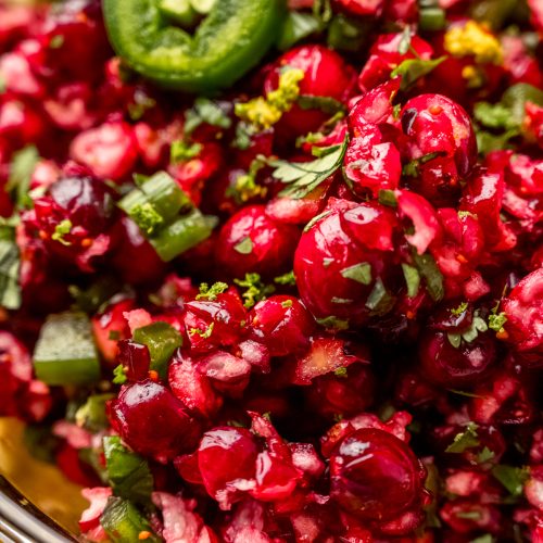 A closeup of cranberry salsa in a bowl.