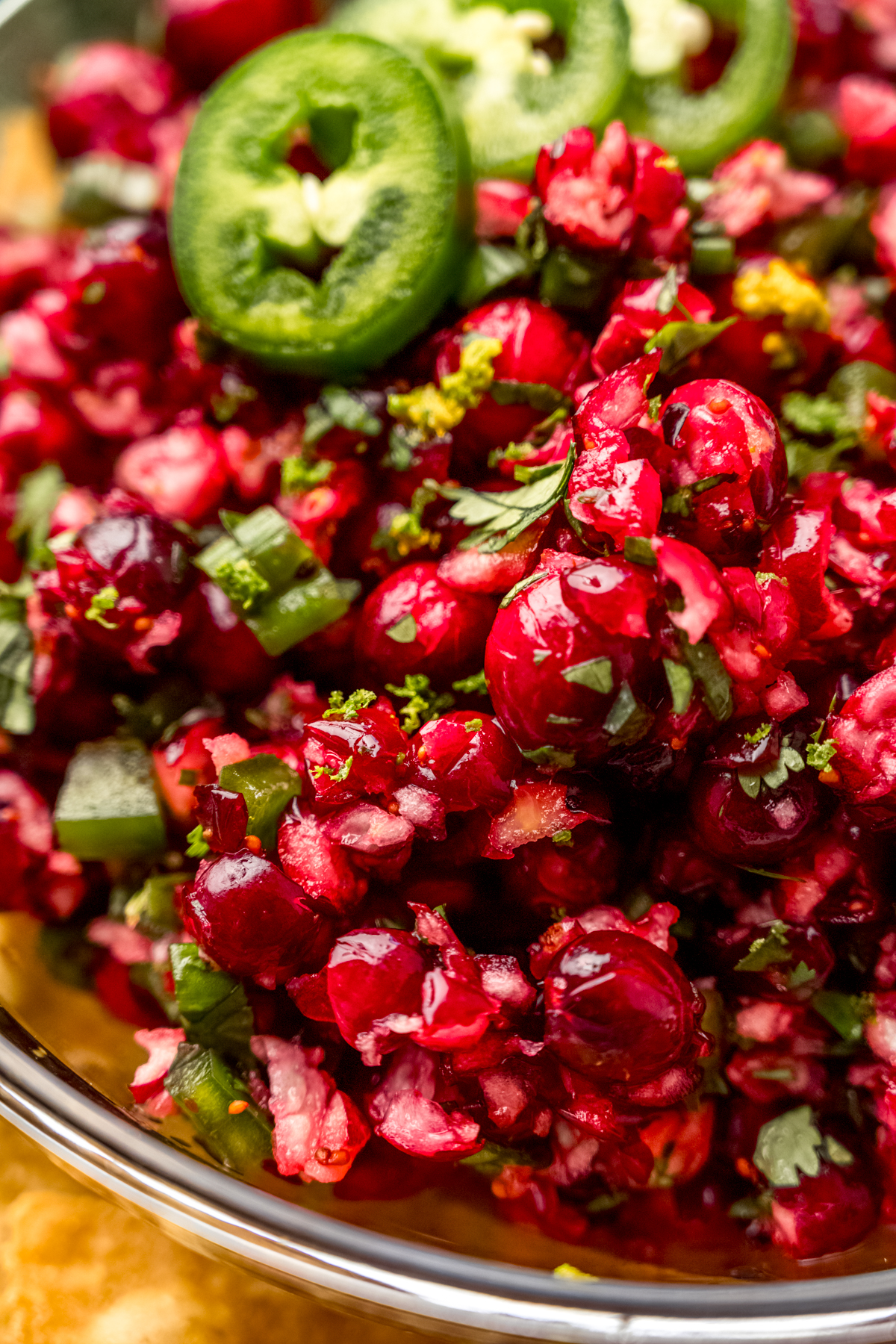 A closeup of cranberry salsa in a bowl.
