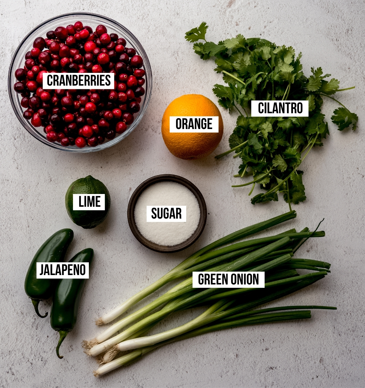 Aerial photo of ingredients to make cranberry salsa with text overlay labeling each ingredient.