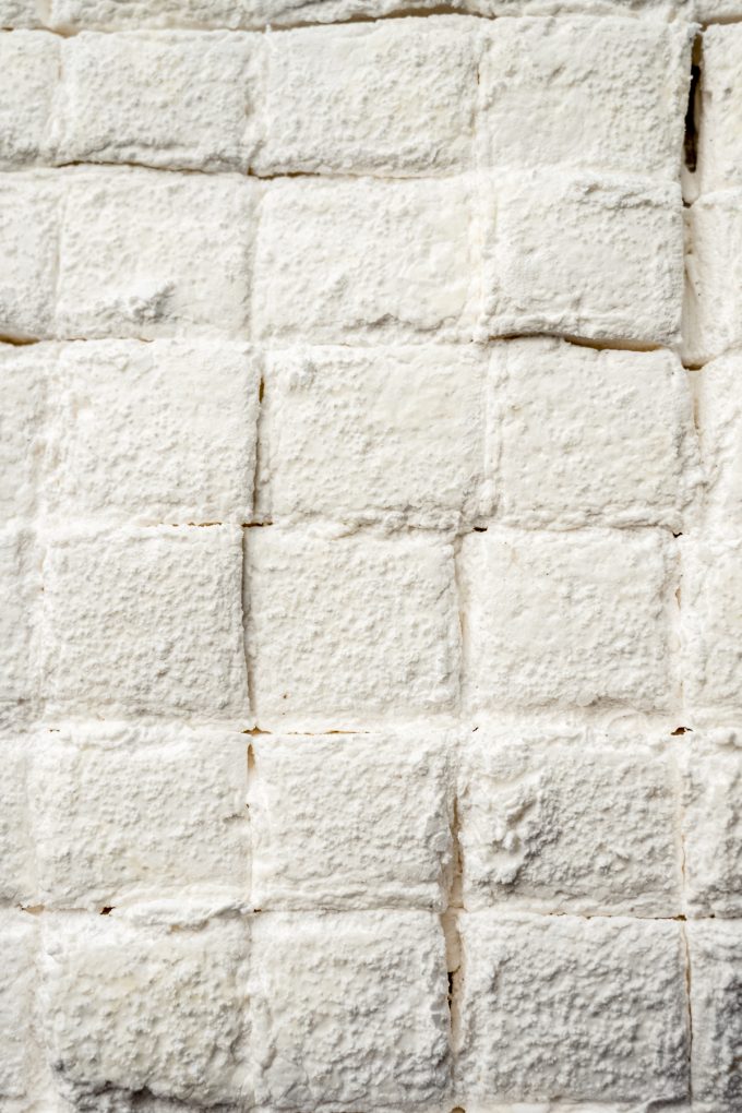 Aerial photo of homemade marshmallows that have been sliced before being pulled apart.