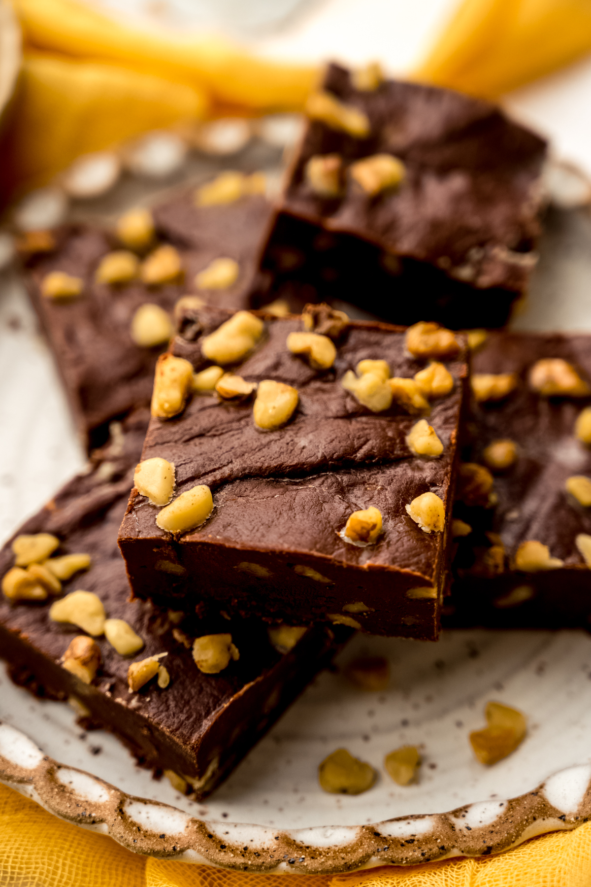 Microwave fudge squares on a plate.