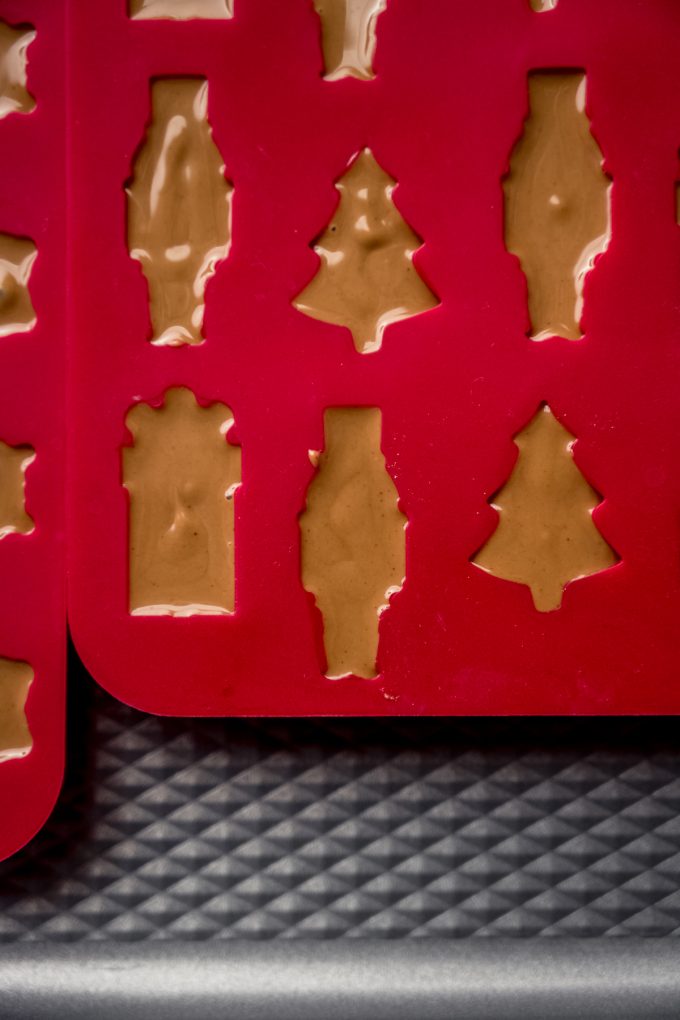 Aerial photo of peanut butter meltaway mixture in a Christmas shaped candy mold.