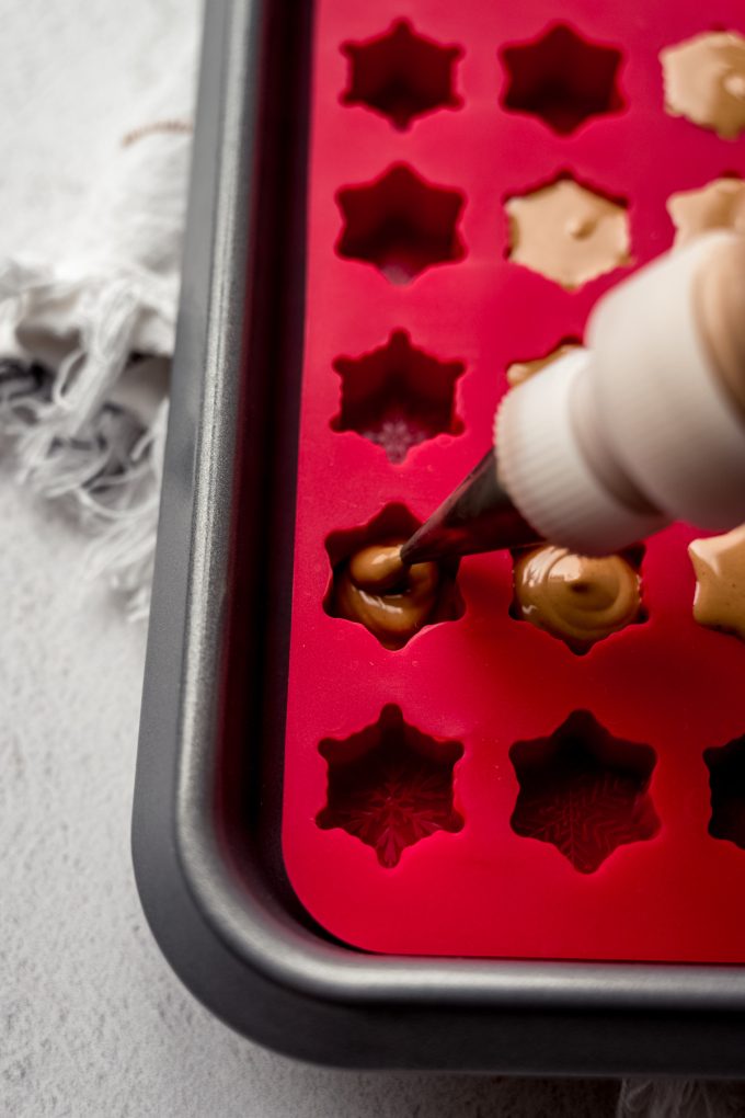 Someone is using a candy bottle fitted with a piping tip to fill a candy mold with peanut butter meltaway mixture.