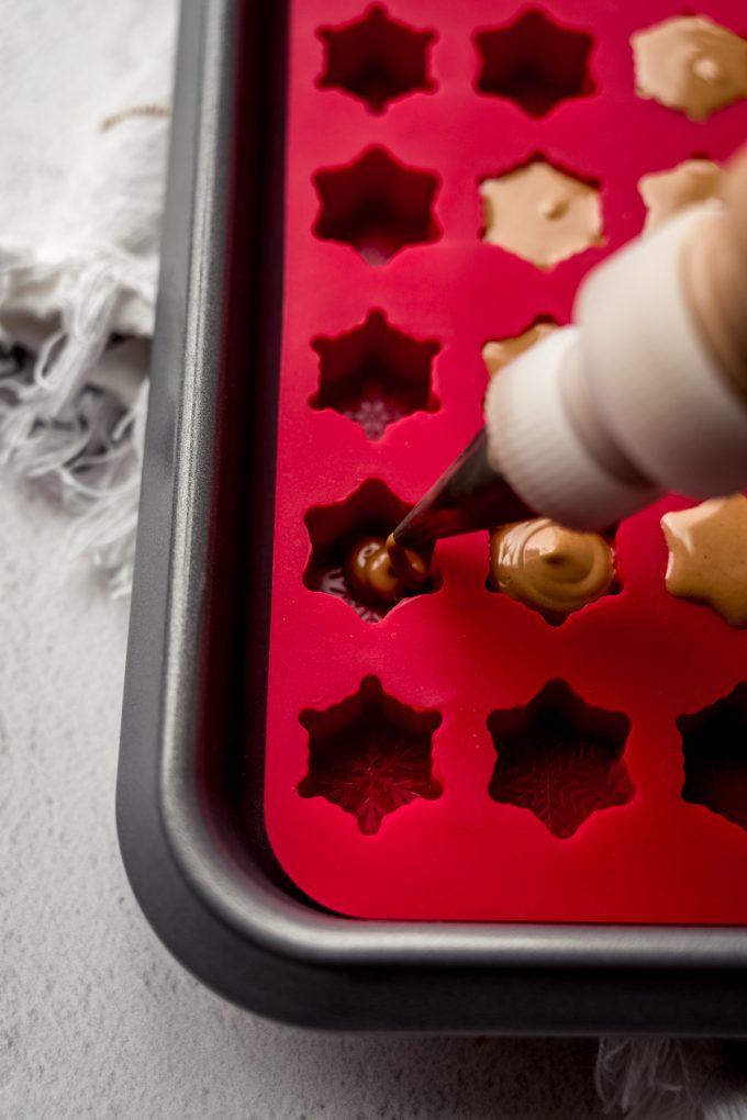 Someone is using a candy bottle fitted with a piping tip to fill a candy mold with peanut butter meltaway mixture.
