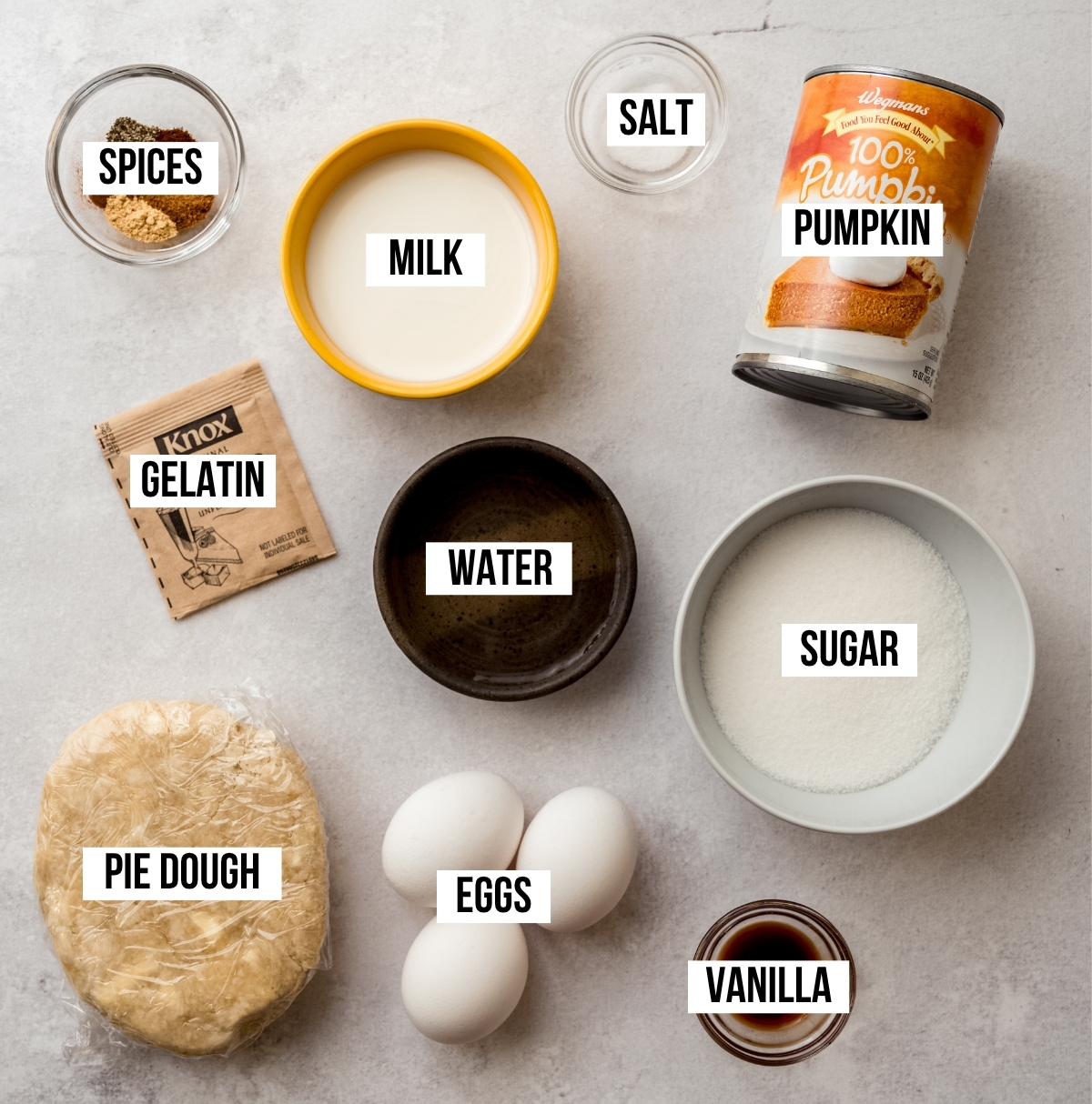 Aerial photo of ingredients to make pumpkin chiffon pie with text overlay labeling each ingredient. 