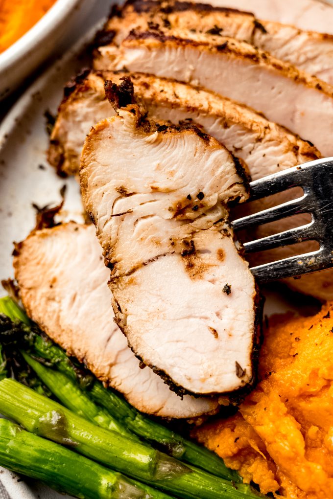 A plate with turkey tenderloin and a fork grabbing a bite of it.