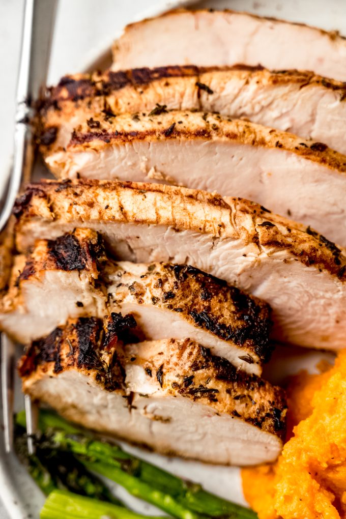 Aerial photo of a dinner plate with sliced turkey tenderloin on it.