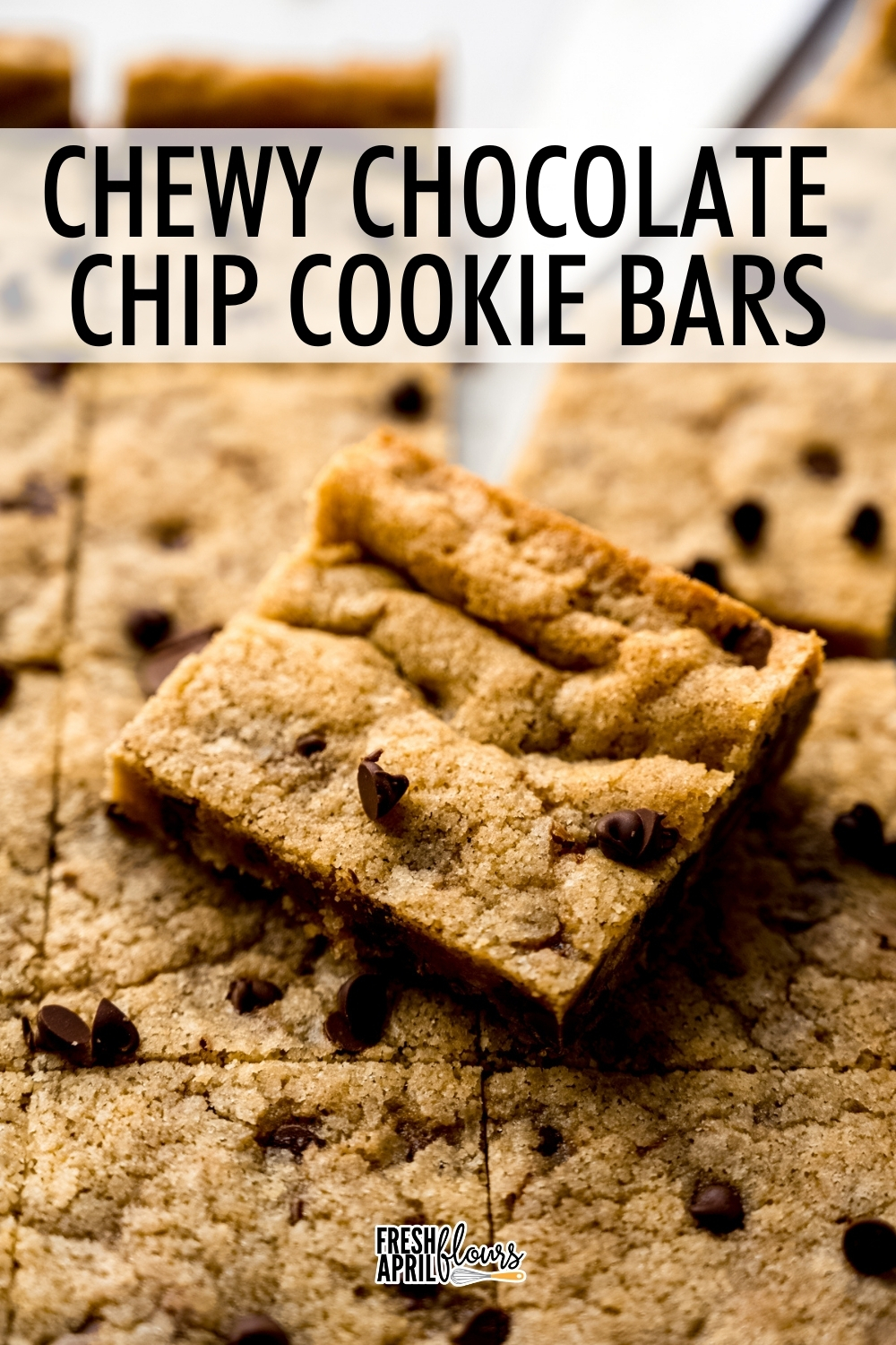 Chewy chocolate chip cookie bars made from my beloved classic chocolate chip cookie recipe but with no chilling time and just one pan to bake. These bars are soft, chewy, and packed with melty chocolate in every bite. via @frshaprilflours