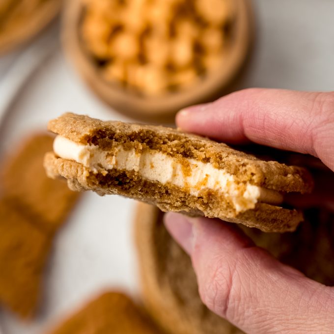 Someone is holding a Biscoff butterscotch sandwich cookie that has a bite taken out of it.