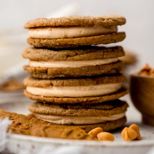 A stack of Biscoff butterscotch sandwich cookies.