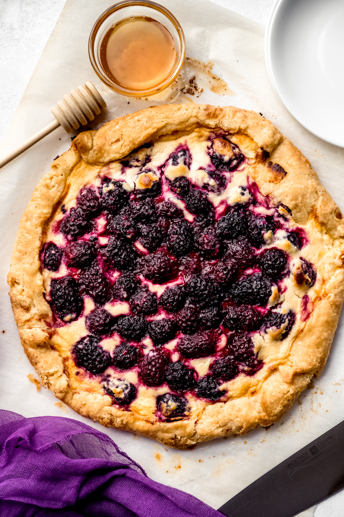 Aerial photo of a blackberry galette.
