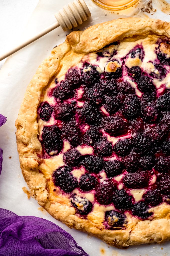 Aerial photo of a blackberry galette.