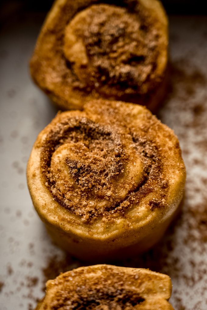 Gingerbread cinnamon rolls in a pan before rising and baking.