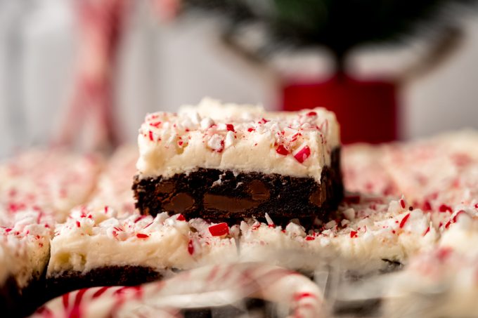 Peppermint bark cookie bars on a surface.