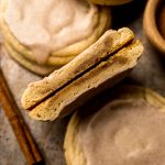 A brown sugar Pop Tart cookie that has been cut in half so you can see the inside of it.