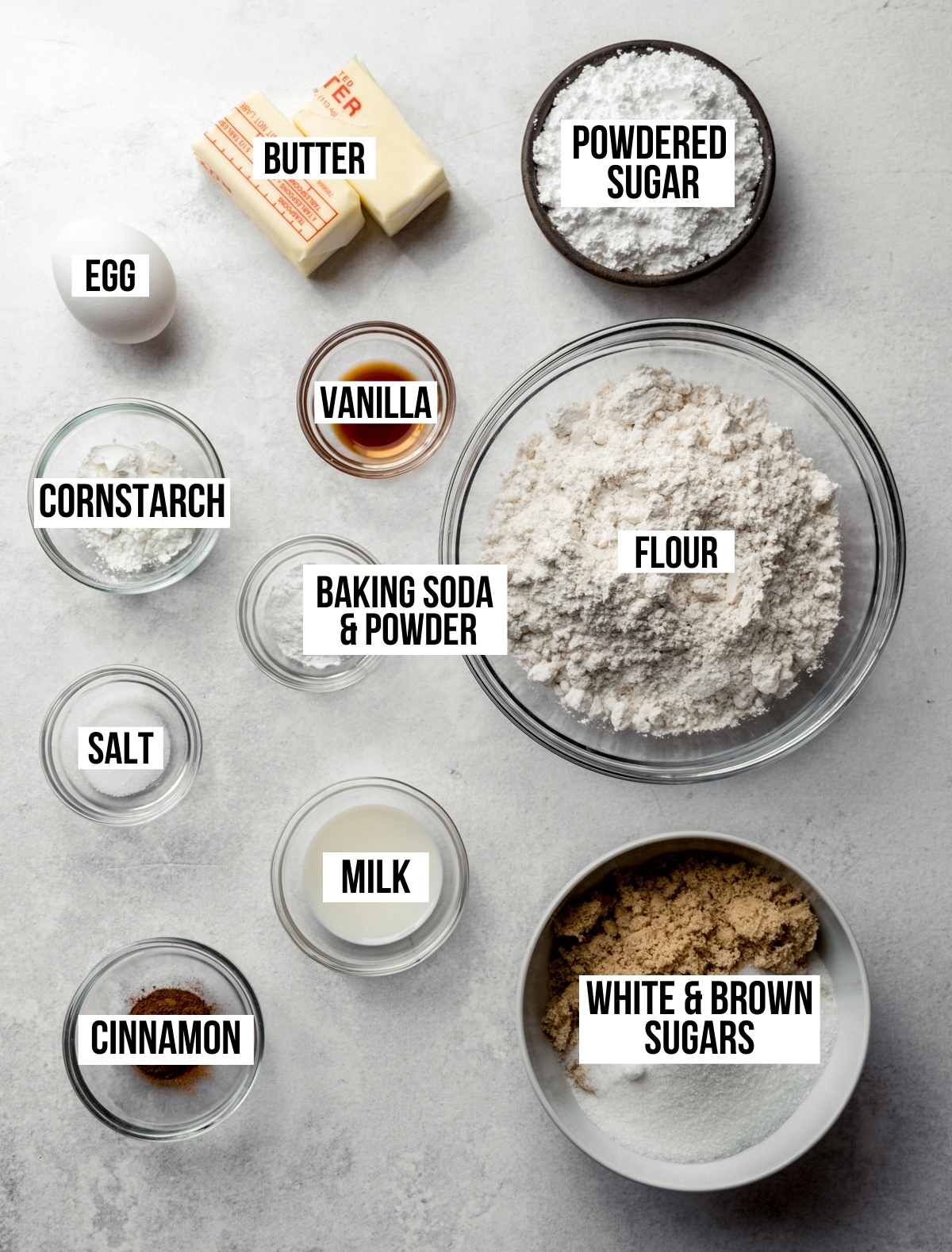 Aerial photo of ingredients to make brown sugar Pop Tart cookies with text overlay labeling each ingredient.