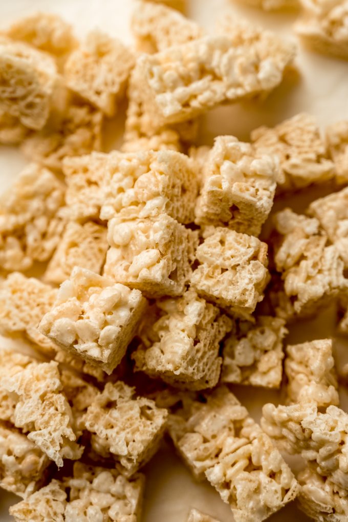A pile of chopped Rice Krispies treats.