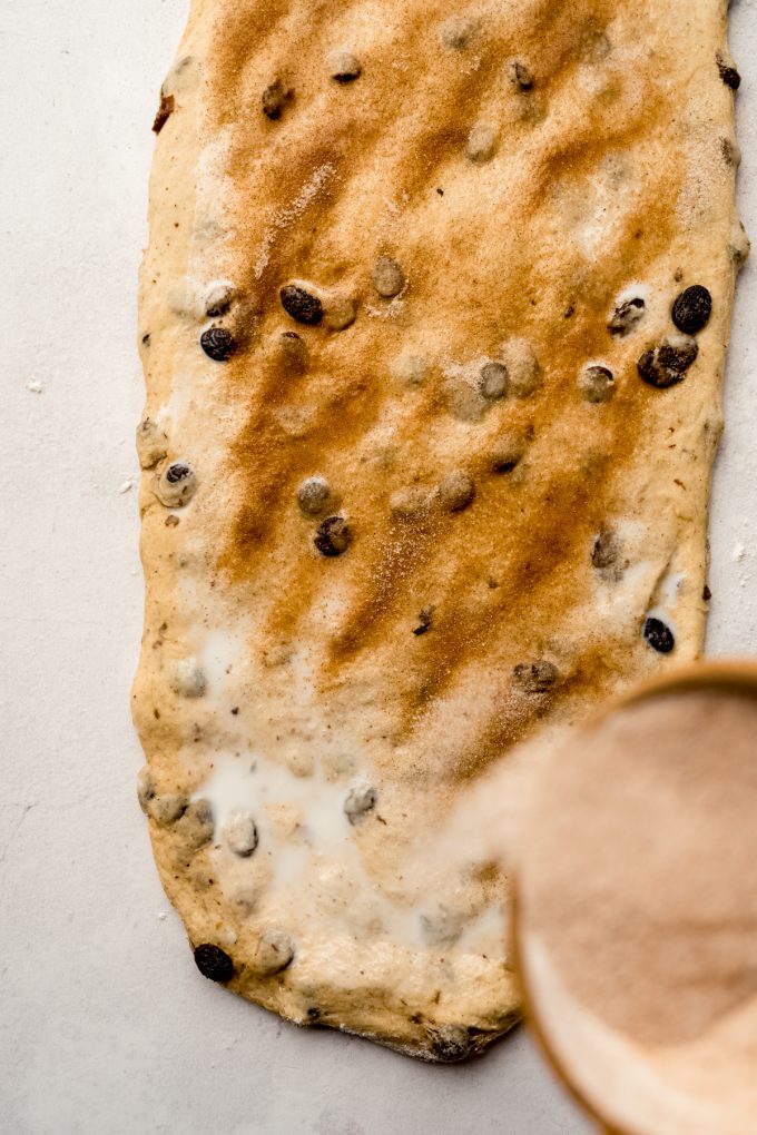 Someone is sprinkling cinnamon-sugar onto a rectangle of cinnamon raisin bread dough.