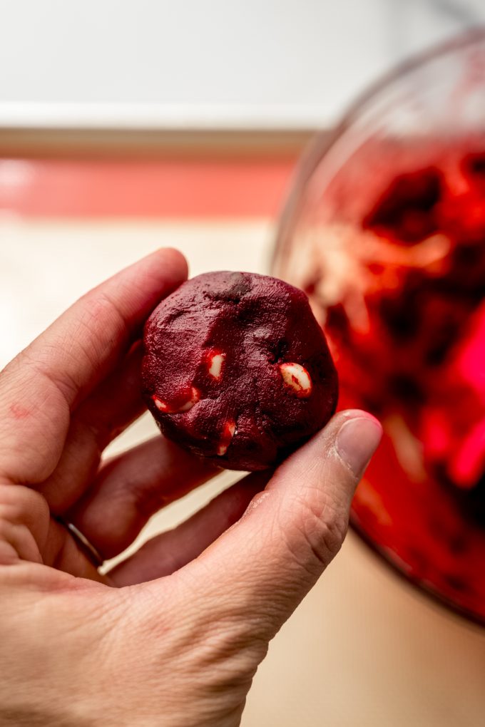 A hand holding a disc of red velvet chocolate chip cookie dough.